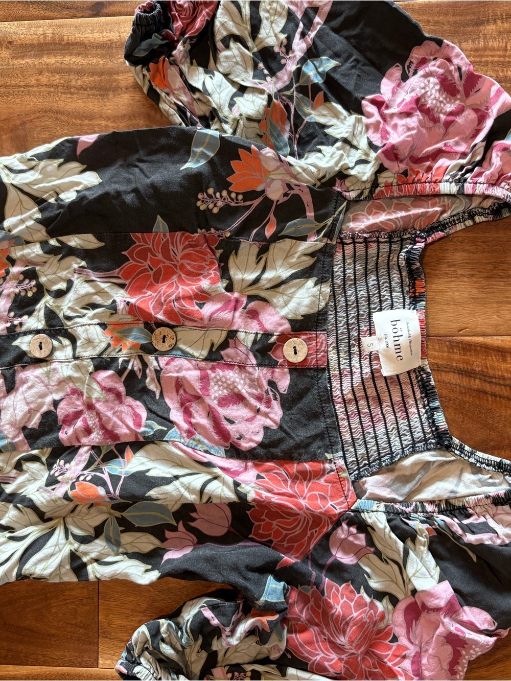 Bohme Black Floral Button-Front Puff Sleeve Top with Pink and Coral Flowers